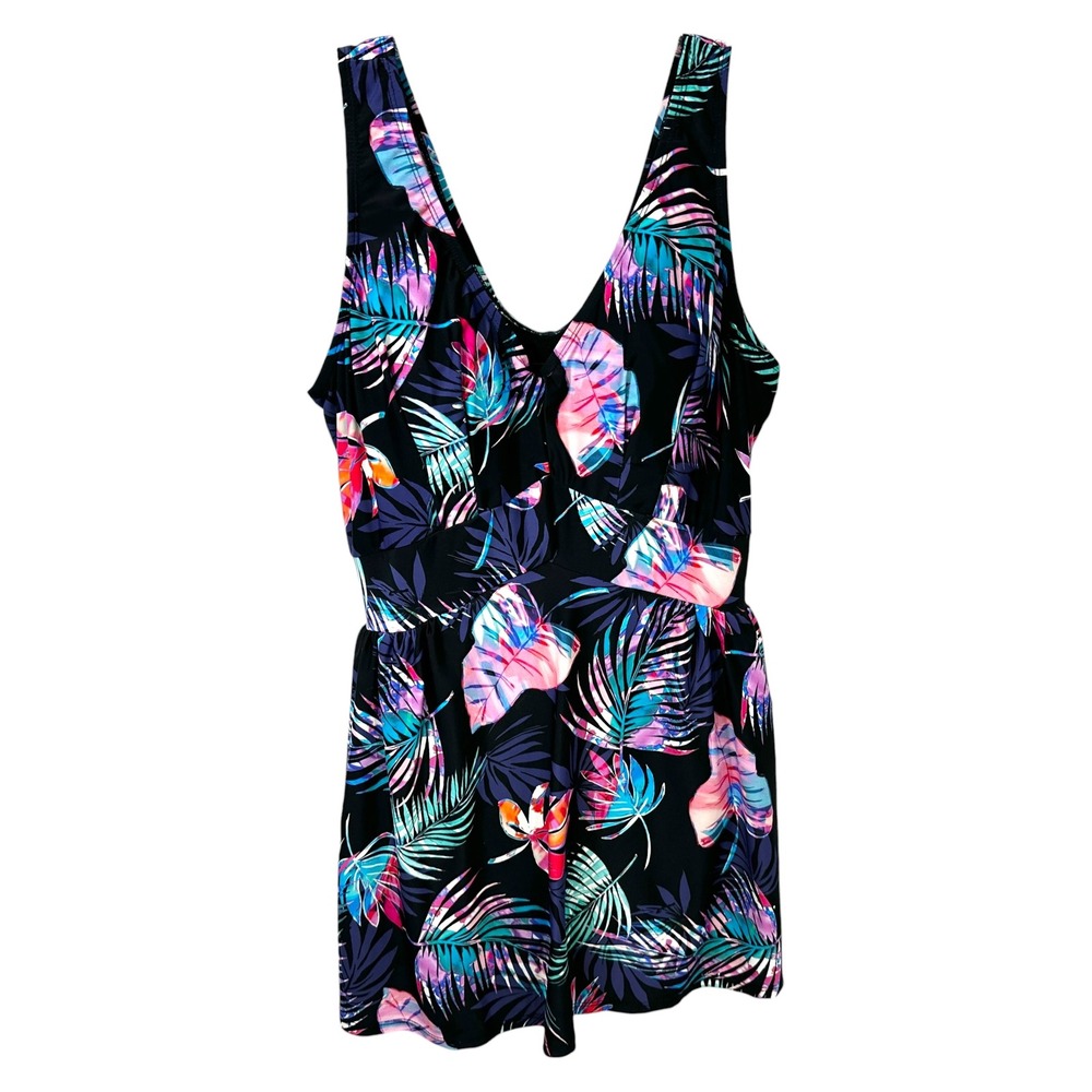Swimsuits For All Plus Size 16 Swimdress Swimsuit Tropical Black Pink Beach 881 - Picture 2 of 12